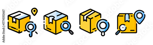 Vector icons of package tracking and delivery with magnifying glass