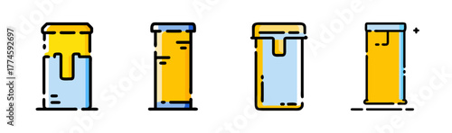 Four abstract cylindrical shapes with yellow and blue colors