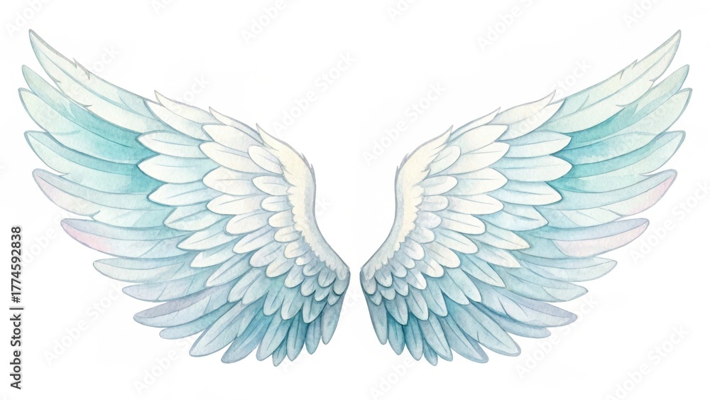 Obraz premium A beautifully illustrated pair of angelic wings, featuring soft gradients of blue and white, showcasing intricately detailed feather designs.