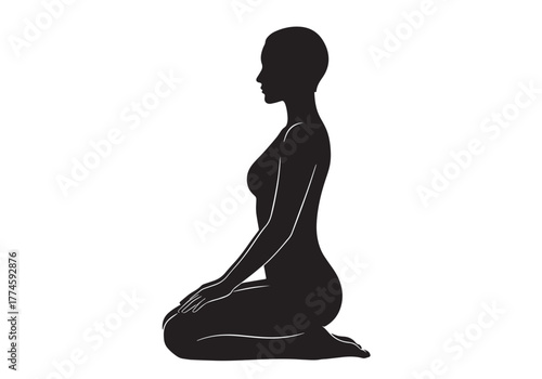 A black silhouette of a woman kneeling with her legs tucked beneath her, arms resting on her knees, in a serene yoga posture.