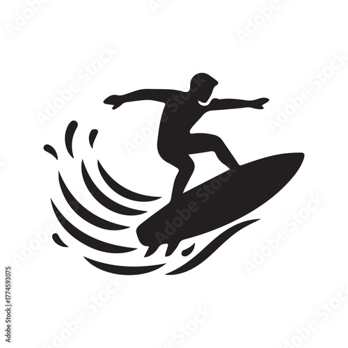 Photography Surfer icon on surfboard riding wave, surfing pictogram symbol, water sport vect