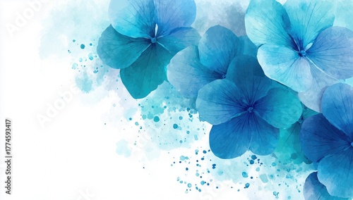 Delicate hydrangea petals with intricate details emerge from soft watercolor splashes, evoking calm and elegance.