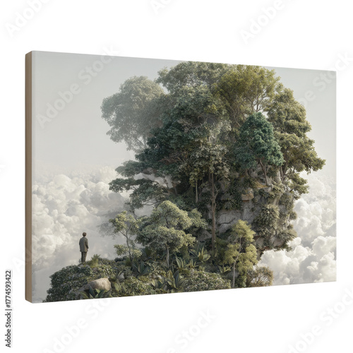 Man contemplates the floating island paradise amidst clouds in this surreal nature landscape on transparent background