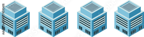 Isometric office building icons, rooftop HVAC units, modern architecture, commercial property, vector illustration, urban infrastructure, real estate, city planning, facade design