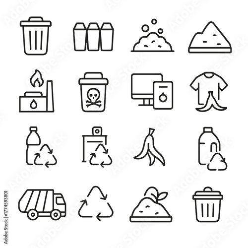 Recycling and waste linear icon set. featuring trash, bins, compost, hazardous, e-waste, and landfill symbols