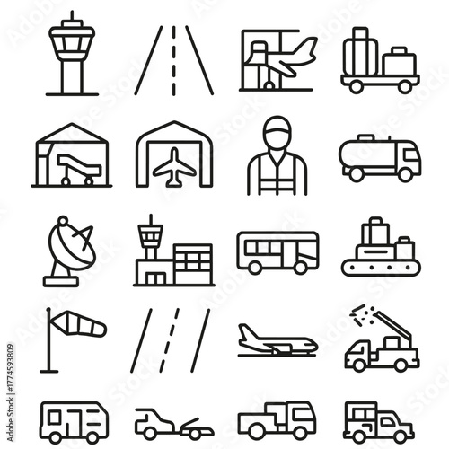 Airport and aviation linear icon set. featuring control tower, runway, airplane, baggage, terminal, hangar, and radar symbols