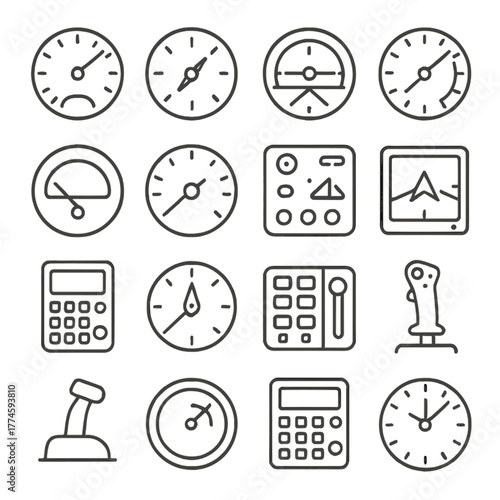 Aviation dashboard linear icon set. featuring speedometer, altimeter, joystick, map, compass, controls, calculator