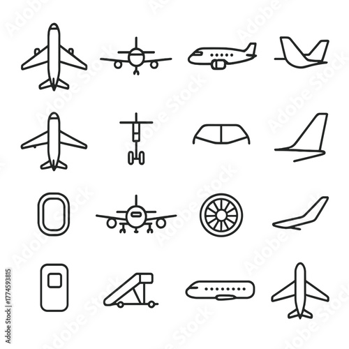 Aviation linear icon set. featuring airplane, jet, wings, cockpit, landing gear, window, stairs, engine, passenger, departure.