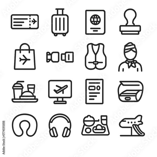 Travel essentials linear icon set. featuring ticket, suitcase, passport, stamp, bag, and boarding symbols