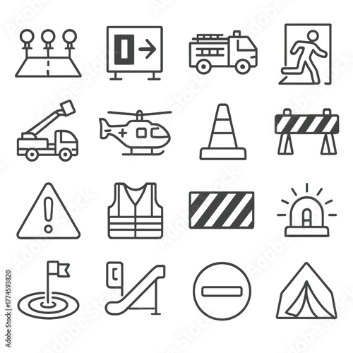 Traffic and safety linear icon set. road sign, exit, fire truck, evacuation, ambulance, barrier, vest, siren, tent