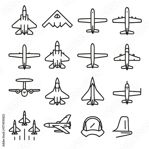 Military aircraft linear icon set. featuring jet, bomber, fighter, plane, wing, cockpit, and propeller symbols