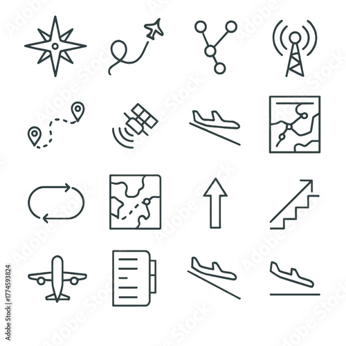 Navigation and travel linear icon set. featuring compass, path, satellite, airplane, map, and signal symbols