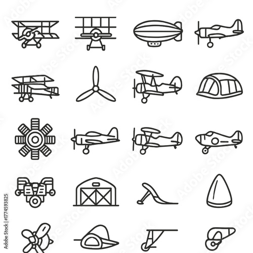 Aviation linear icons set. featuring airplane, propeller, hangar, and wing symbols