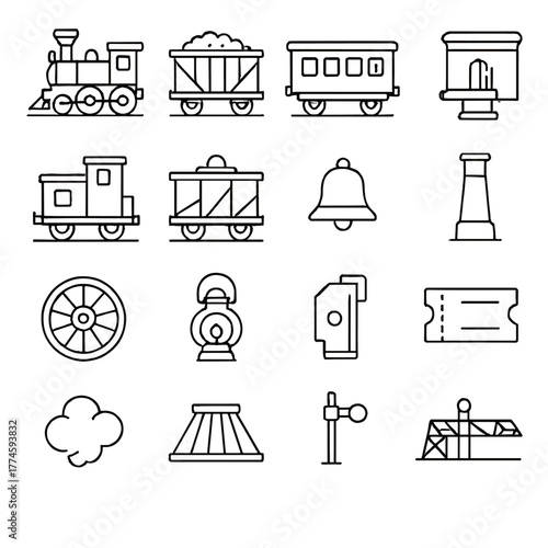 Railroad linear icon set. featuring train, coal car, ticket, signal, bell, headlamp, passenger car, smokestack