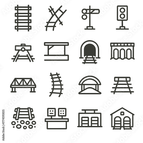 Railway transportation linear icon set. featuring tracks, crossings, signals, tunnels, bridges, stations