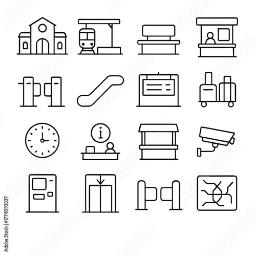 Public transport linear icon set. featuring station, train, bus, ticket booth, turnstile, escalator, luggage, and cctv symbols