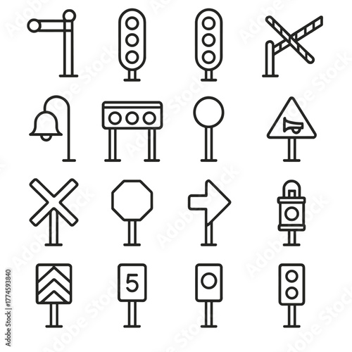 Traffic signs linear icon set. featuring railway signals, traffic lights, and road signs.
