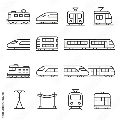 Transportation linear icon set. featuring tram, train, metro, cable car, and monorail symbols
