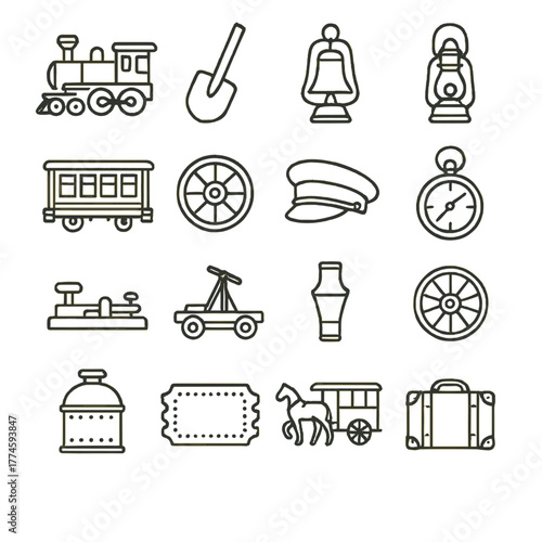 Transportation and travel linear icons set. featuring train, shovel, bell, lamp, and compass symbols