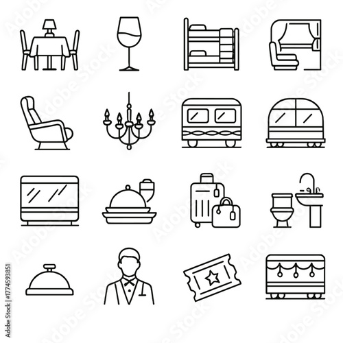 Travel and accommodation linear icon set. featuring dining, wine, bunk, cabin, recliner, chandelier, train, luggage