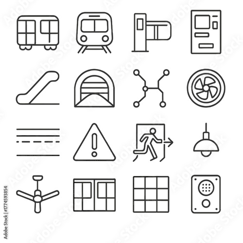 Metro transportation linear icons set. includes train, ticket machine, escalator, exit, fan, and more.
