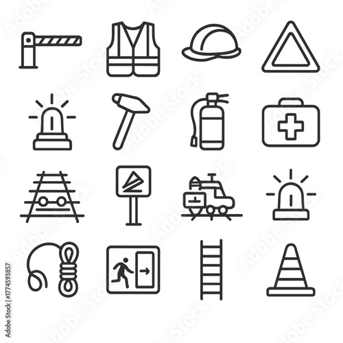 Construction safety linear icon set. featuring helmet, vest, barrier, warning sign, ladder, fire extinguisher, and first aid kit