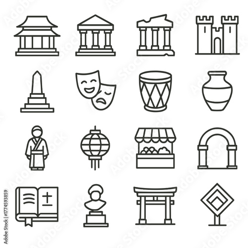 Cultural heritage linear icon set. featuring temple, museum, drum, theater, pottery, lantern, and statue symbols