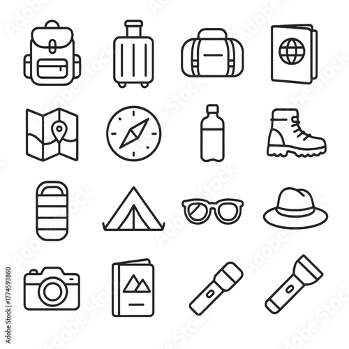 Travel and adventure linear icon set. featuring backpack, suitcase, map, compass, water bottle, and camera symbols