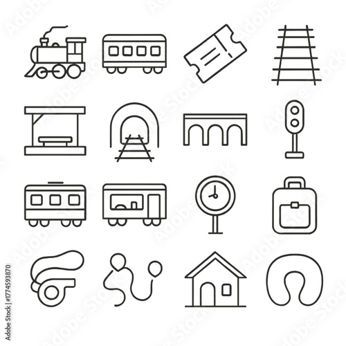 Transport linear icon set. featuring train, ticket, tracks, platform, tunnel, bridge, signal, clock, suitcase, whistle