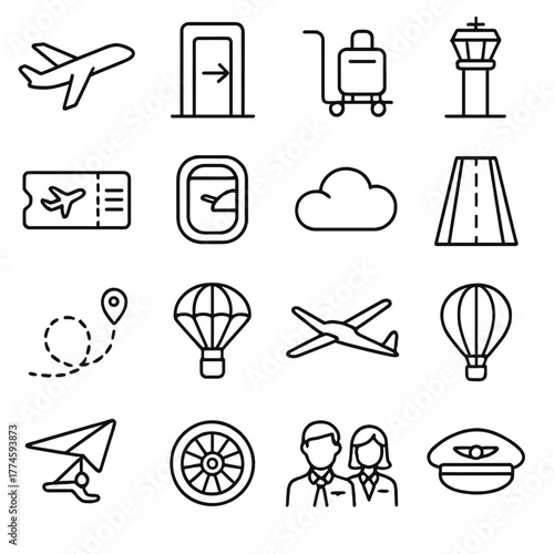 Travel and aviation linear icon set. featuring airplane, luggage, airport, ticket, flight, and pilot symbols