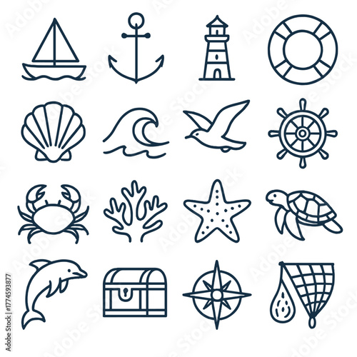 Nautical linear icon set. featuring boat, anchor, lighthouse, lifebuoy, shell, wave, bird, wheel, crab, coral