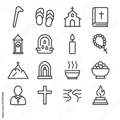 Christian symbols linear icon set. featuring bible, cross, church, candle, rosary, pastor, and prayer icons