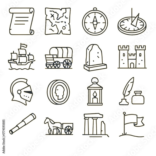 Ancient history linear icon set. featuring scroll, map, compass, sundial, ship, wagon, tombstone, castle