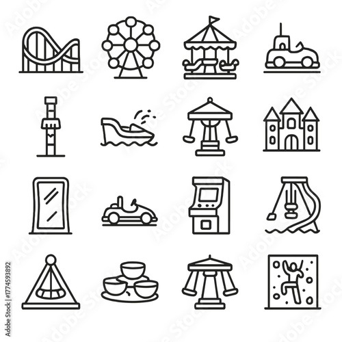 Amusement park linear icon set. featuring roller coaster, ferris wheel, carousel, bumper cars, and castle