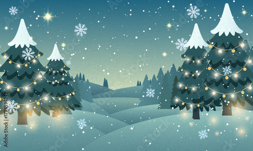 Winter landscape with snowdrifts and snowy fir trees. Vector doodle style seasonal nature background. Frosty snow hills. Game art concept. Vector illustration: Cartoon Winter snowy christmas lands