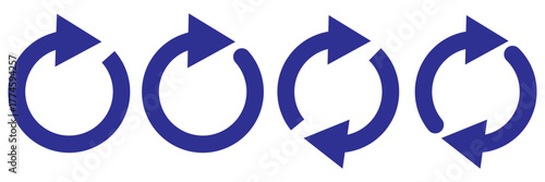 Blue circle arrows icon set. Round reload sign, repeat icon, rotate arrow symbol, arrow pictogram, refresh reload rotation loop sign set