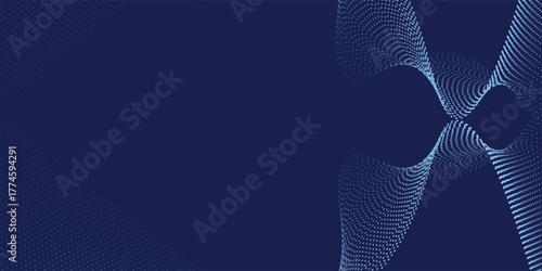 Dark blue abstract background, vector waves of flowing particles, curved lines of moving dots, technology and science theme, airy and easy futuristic.vector