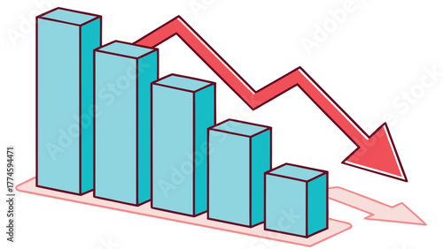 Business Downturn Concept: Decreasing Bar Chart on Easel with Red Downward Arrow Vector