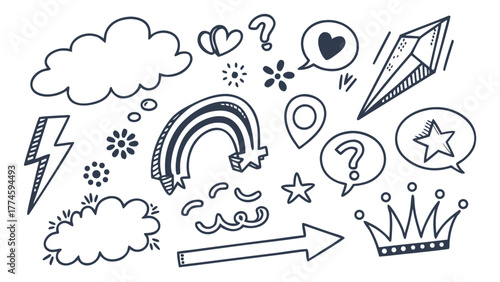 Mega Doodle Collection: Hand Drawn Crown, Gemstone, Rainbow, and Speech Bubbles Sketch Elements