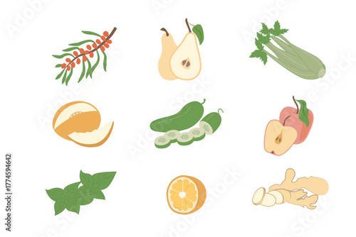 A minimalist flat-style illustration of vegetables and fruits in muted, soft tones. Geometric shapes and subtle textures evoke calm modernity. Perfect for eco-friendly branding, packaging, or digital