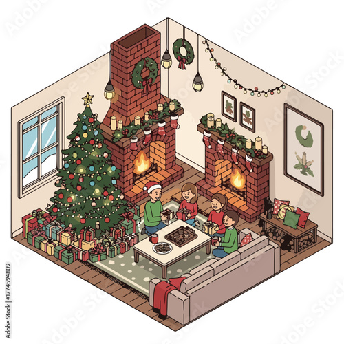 Isometric illustration of a family celebrating Christmas in a cozy living room with a decorated tree, fireplace, and warm lighting.
