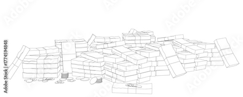 A black and white contour drawing of a neat stack of boxes with scattered coins. This minimalist illustration represents money, savings, and financial concepts.