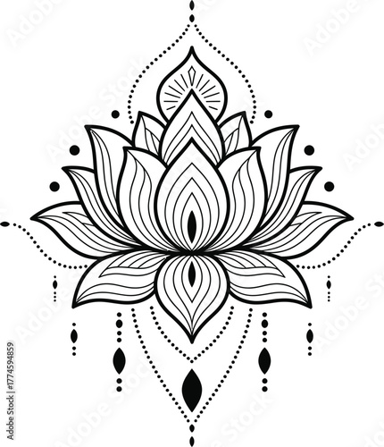 Lotus Mandala Vector – Black and White Symmetrical Illustration of Ornamental Lotus Flower with Dots and Teardrop Accents