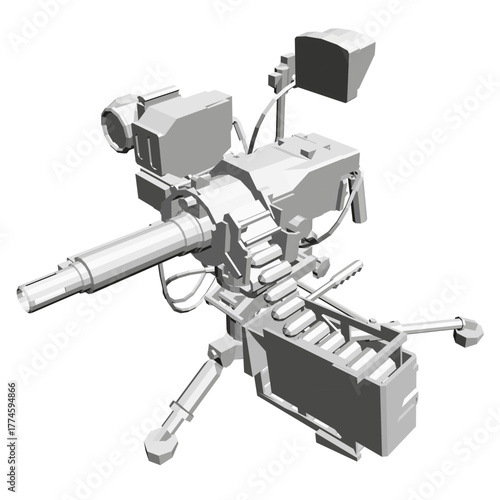 Modern heavy machine gun with animated targeting system rotates on a white background. The 3D model demonstrates realistic movement and advanced weaponry design.