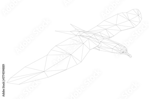 A seagle hummingbird in flight with detailed wireframe feathers and spread wings. Its open beak and focused eyes suggest imminent takeoff against a stark white background.