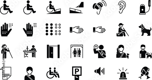 Collection of accessibility symbols and icons representing services and facilities for people with disabilities isolated on transparent background