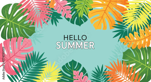 Hello Summer" vibrant tropical leaves vector graphic for seasonal greeting cards