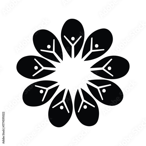 symbolic petal pattern formed by human figures expressing wellness, connection, and creative spiritual balance