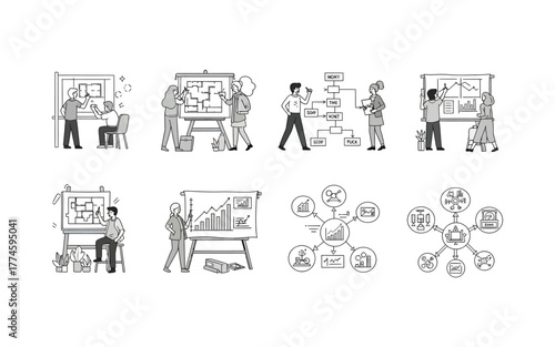 Hand drawn doodle illustrations of business people in strategy meetings.