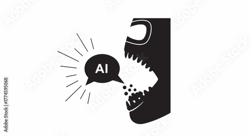 AI generated speech emerging from a stylized open mouth.